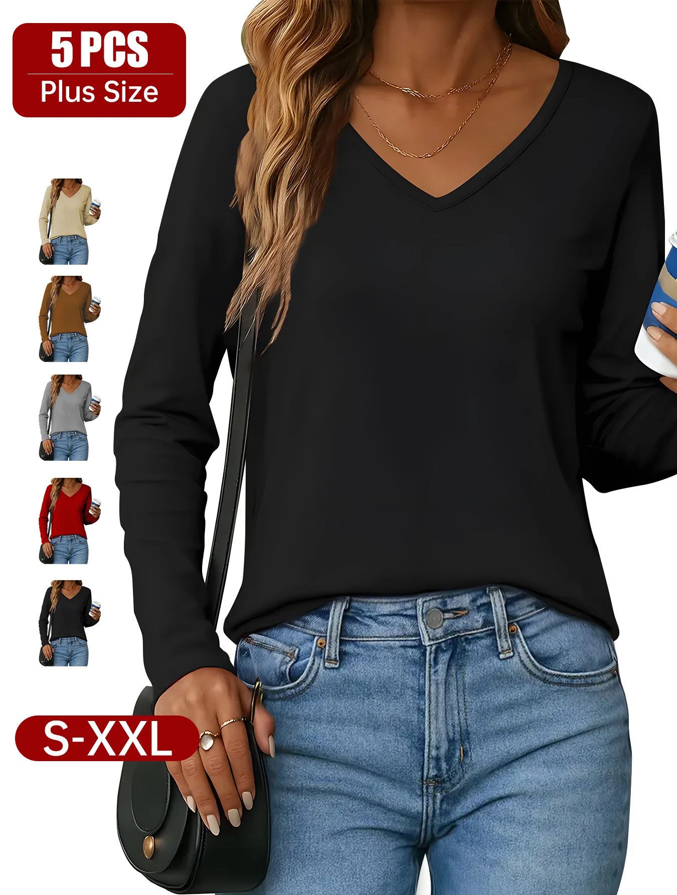 5-Piece Set of Multi-Colored Women's Long-Sleeved Tops, Simple Solid Color Comfortable V-Neck Inner Wear Fitted Tops