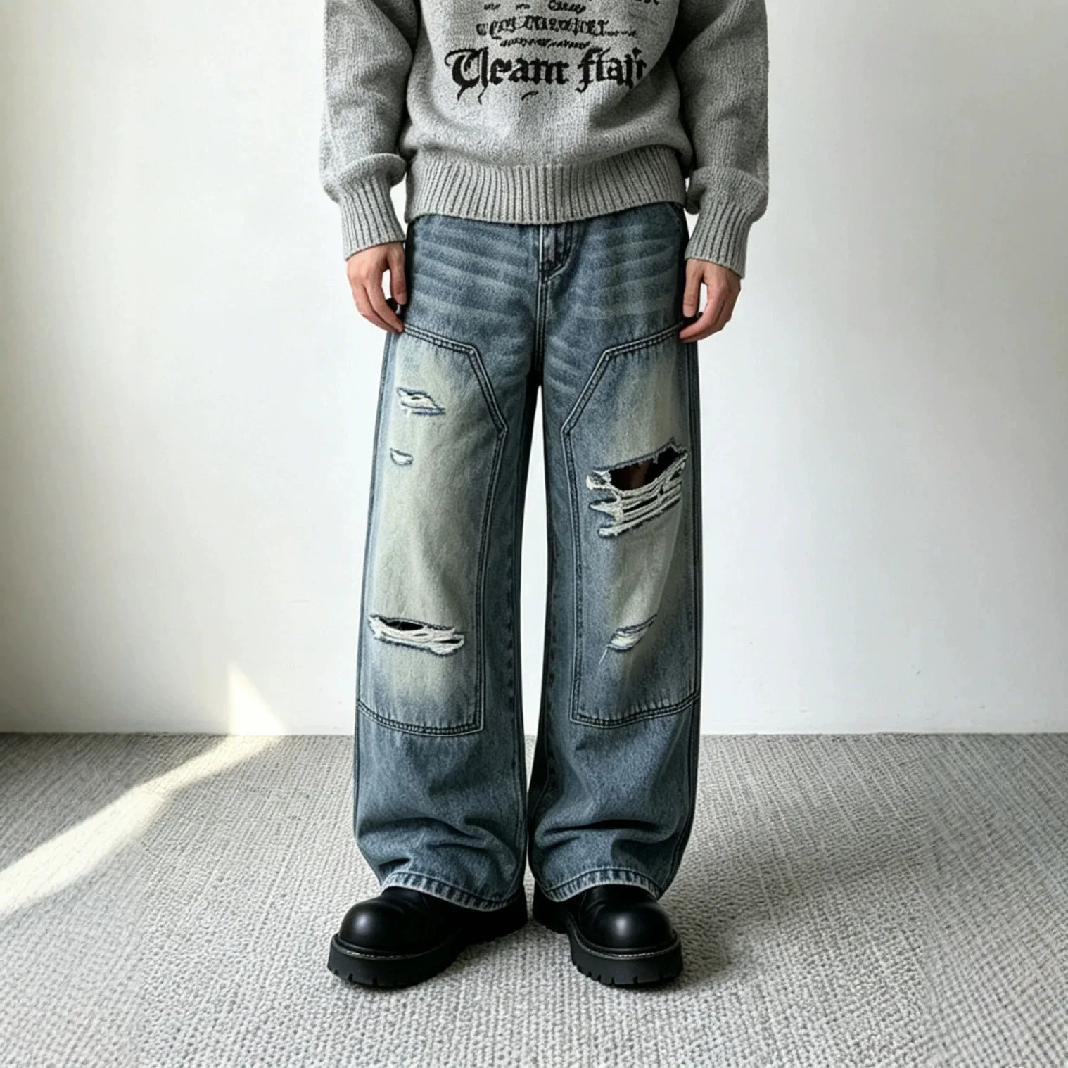 Vintage Fashion American Style Men Blue Wide Leg Hole Patched Wide Leg Casual Trendy Simple Basic Jean Pants Male Denim Trousers