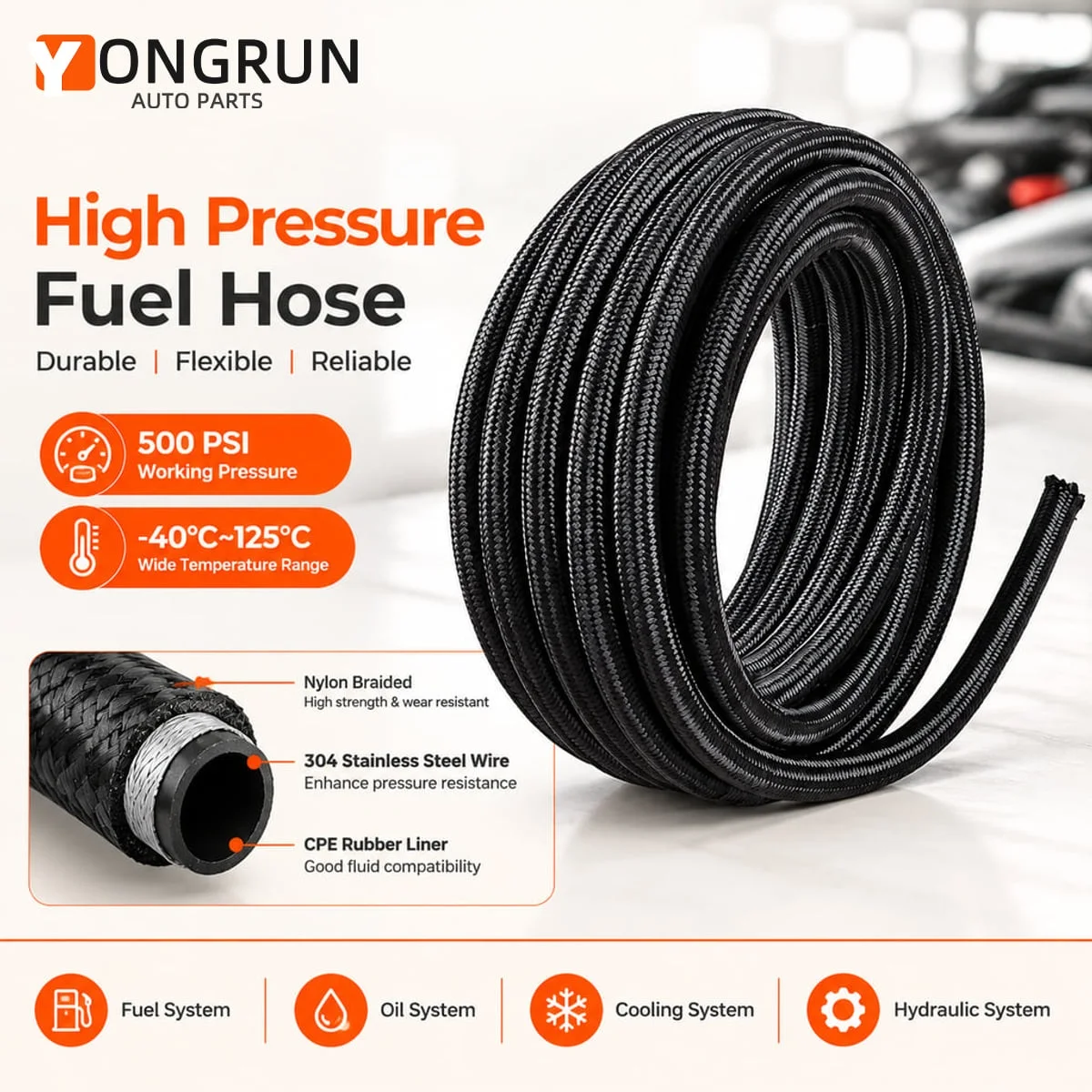 YONGRUN AN4 AN6 AN8 AN10 AN12 Nylon Braided Fuel Hose CPE Rubber Oil Cooler Line 500 PSI High Pressure -40C to 125C