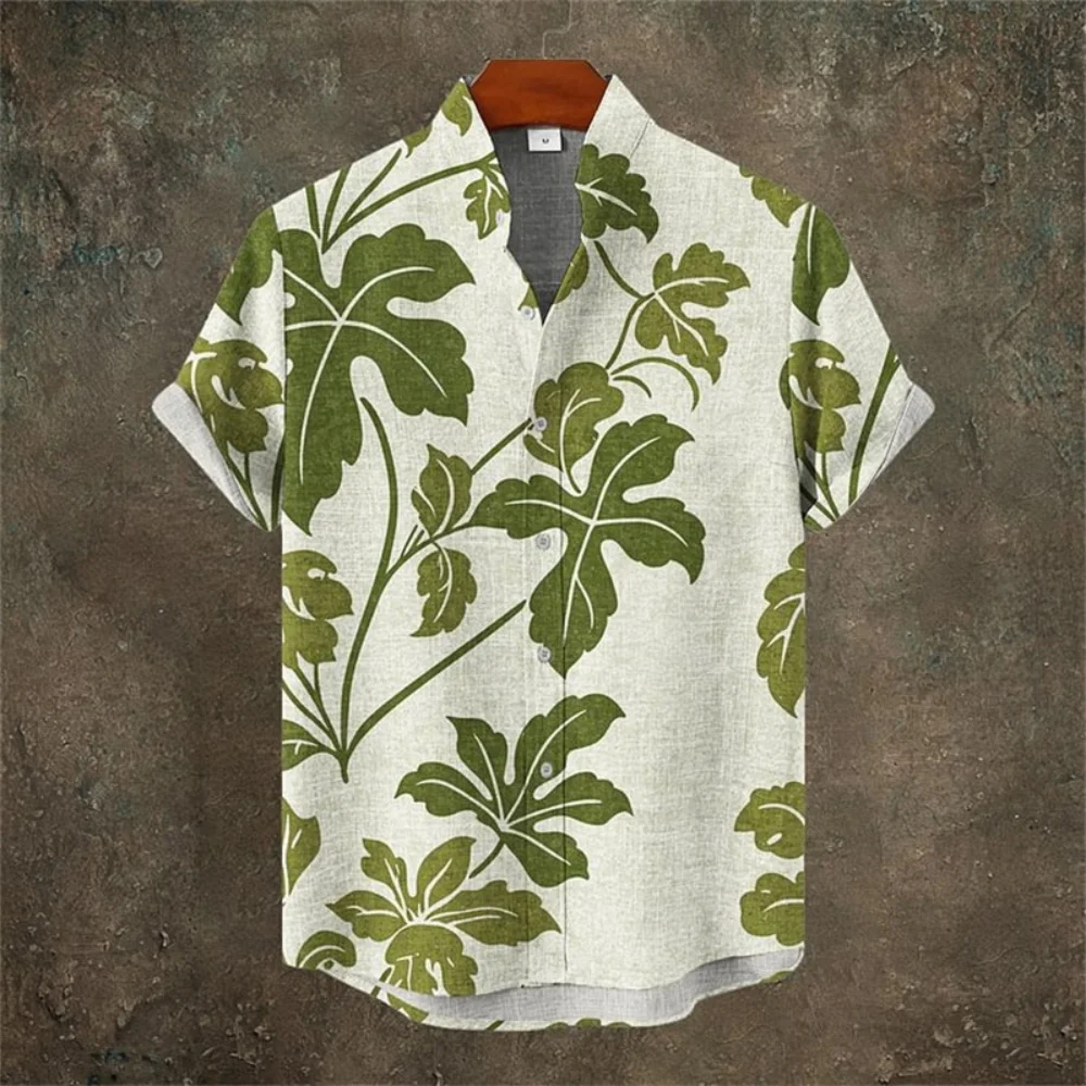 

Men's Fashionable Stand up Collar Plant Print Linen Shirt Short Sleeved Button up Hawaiian Casual Vacation Streetwear