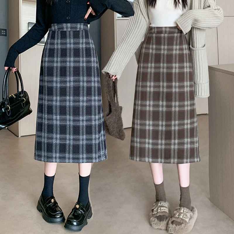 

Женская осенне-зимняя шерстяная длинная юбка с эластичной резинкой на талии и разрезом сзади, женская клетчатая юбка трапециевидной формы с высокой талией