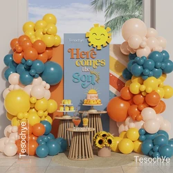 152pcs Sea Blue Retro Orange Mustard Yellow Nude Balloon Garland Arch Kit for Here Comes the Son Baby Shower Boho Birthday Decor
