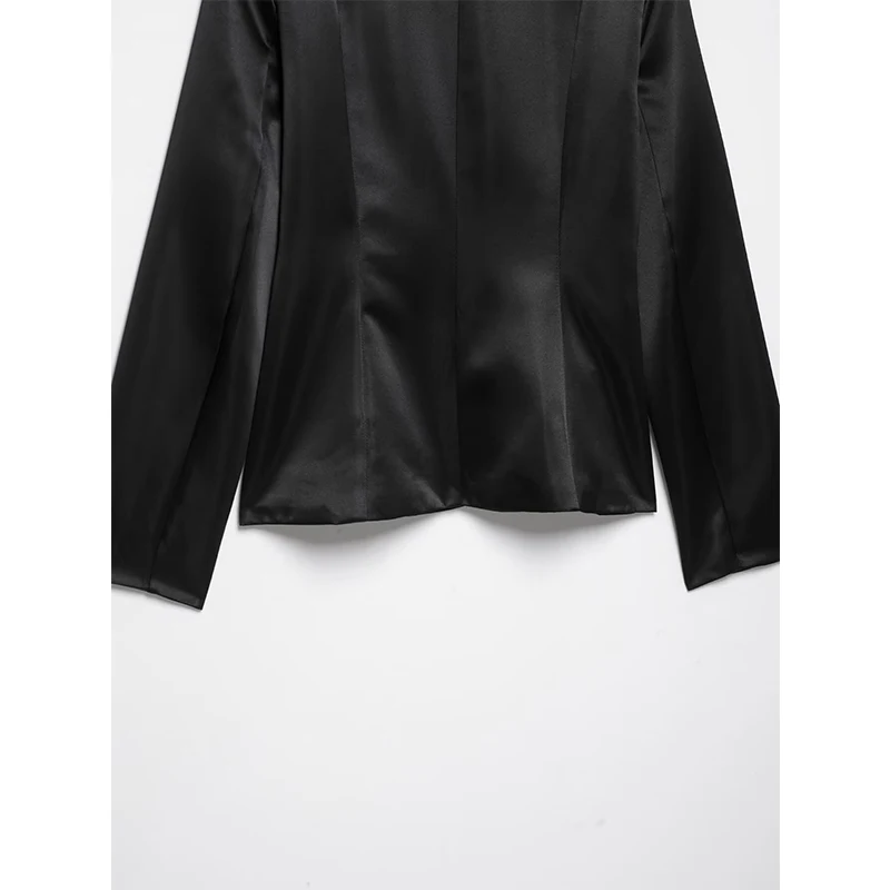 YENKYE Women's Solid Black New Chinese Stand Collar Satin Blazer Frog Button Long Sleeve Vintage Outerwear