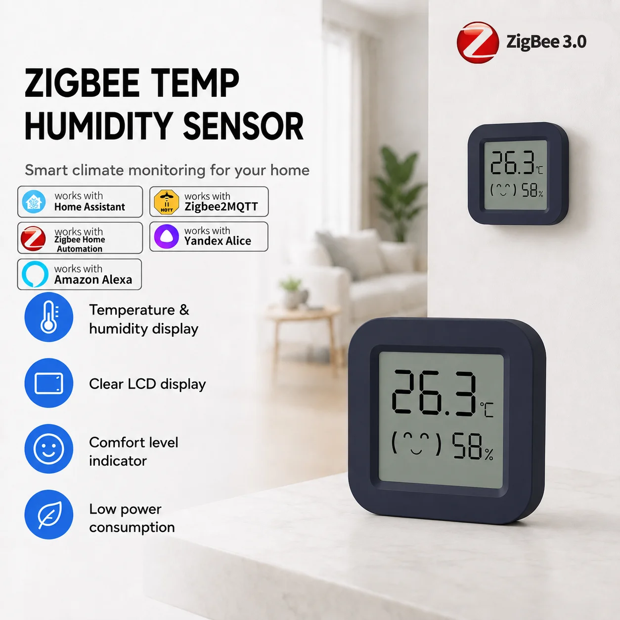 Zigbee 3.0 Temperature and Humidity Sensor Supports HA (Home Assistant), Alexa, Yandex, ZHA, and Zigbee2MQTT