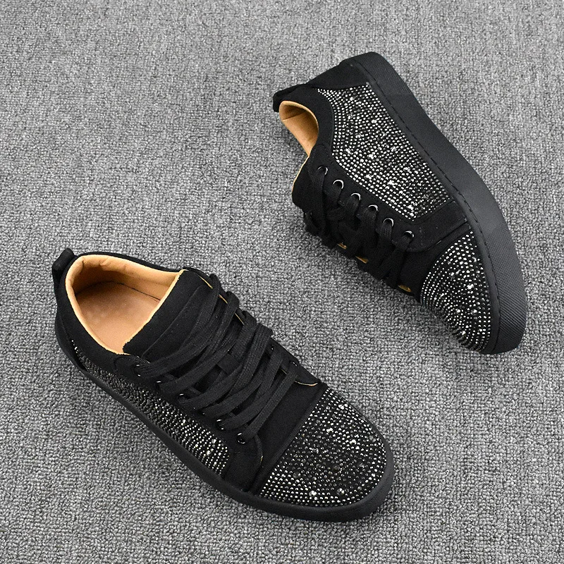 men luxury fashion rivets shoes singer DJ stage dress rhinestone shoe black cow suede leather sneakers designer footwear stylish