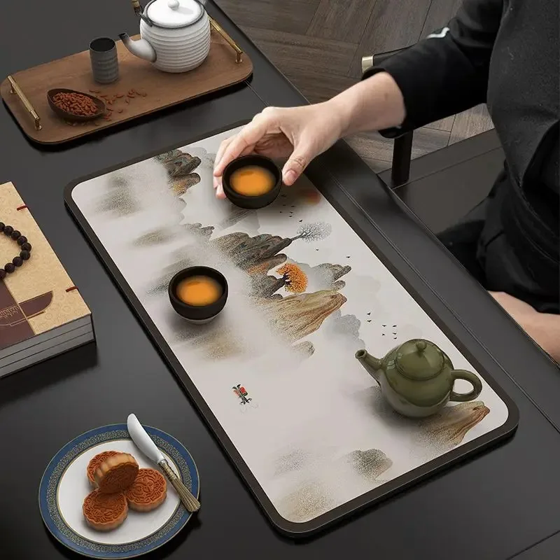 Large Thick Tea Mat for Household Table Decoration, Absorbent, Quick Drying, Landscape Painted, Zen Tea Table Cloth, Special Pla