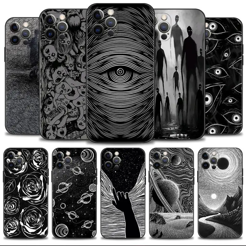 Black Scary Ghost Eye Monstrous Rose Line Art Case For Apple iPhone 15 14 13 12 11 Pro Max 13 12 Mini XS Max XR X 7 8 Plus