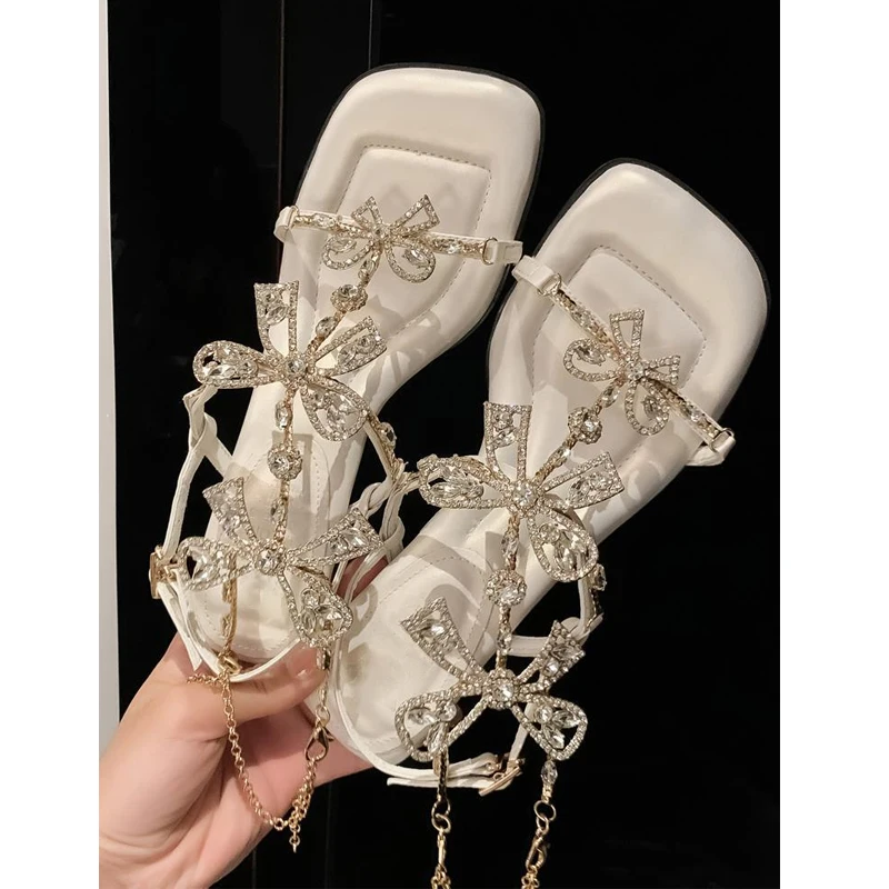 Women White Rhinestone Bow Open Toe Cat Heel Sandals Ankle Chain T-Strap High Heel Shoes Wedding Bridal Party Dress Shoes