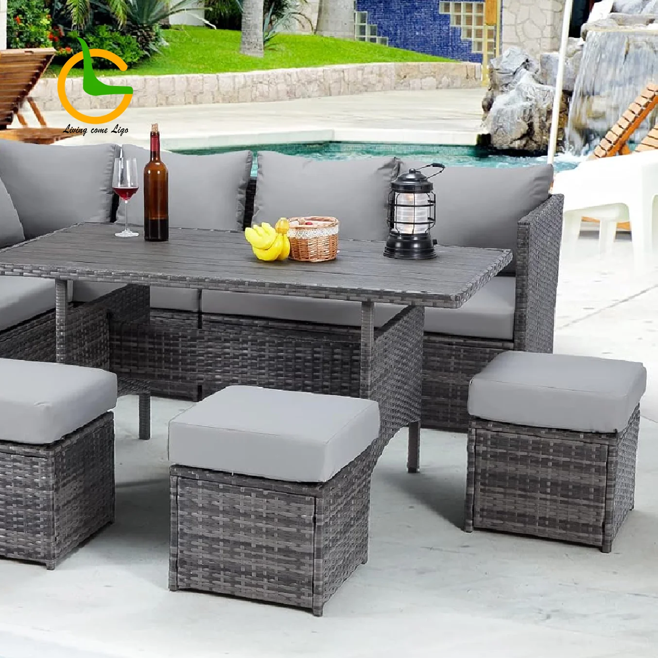 Furniture Wicker Furniture Waterproof Wicker Courtyard Outdoor Rattan Garden Sofa Activity Table
