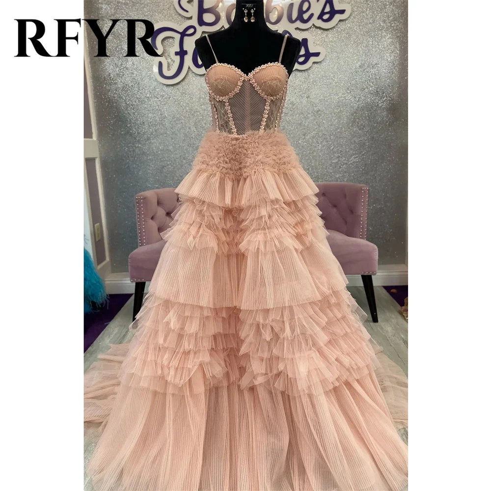 RFYR Blushing Pink Prom Dress Ruffle Layers Tulle Evening Dress Sweetheart Sheer Corset فستان سهرة Lace-Up Back Party Dress