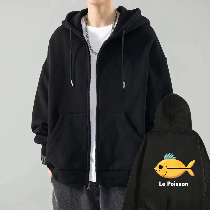 

Mens Hooded Jacket Black Fish Print Le Poisson Casual Streetwear Outdoor Sportswear Coat