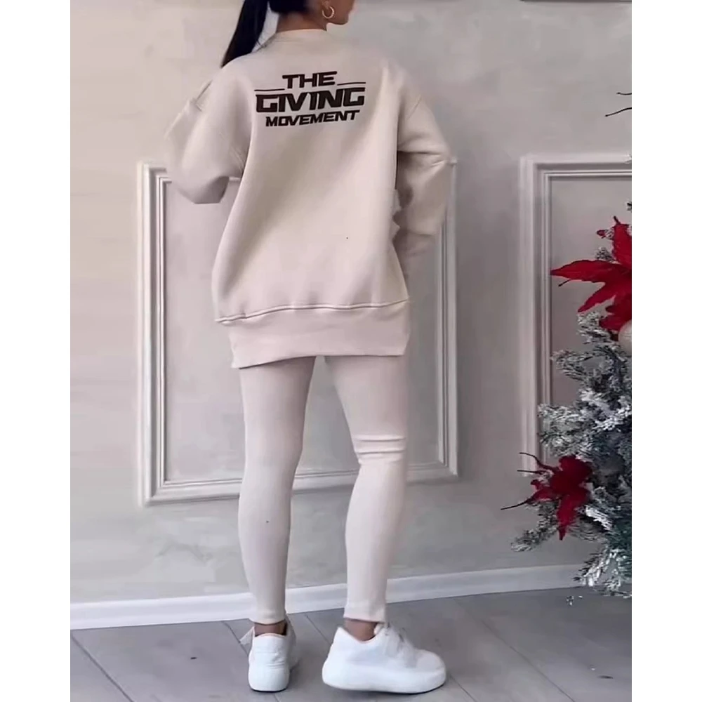 Sporty O-neck Long Sleeve Asymmetrical Sweatshirt & Skinny Pants Set Two Piece Outfits Tracksuit Sets Fall Clothing