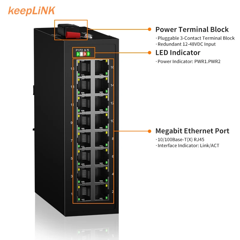 KeepLiNK 16-Port Megabit Industrial Switch Unmanaged Plug and Play DIN-Rail