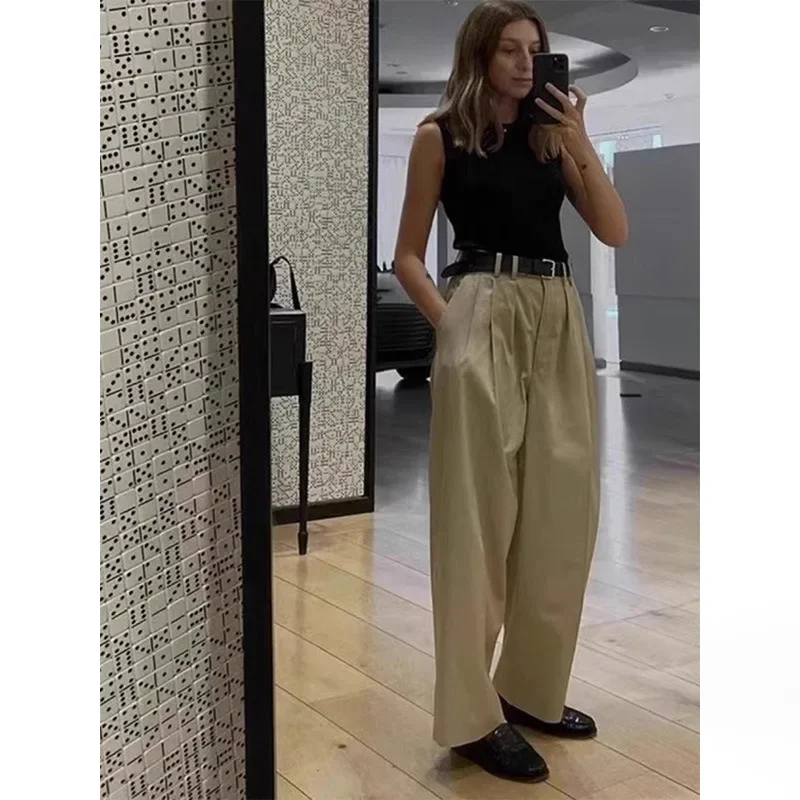 Pantaloni Casual da donna versatili in cotone a vita alta che dimagriscono pantaloni a gamba larga Silhouette allentata pantaloni a gamba dritta 2024 autunno/inverno