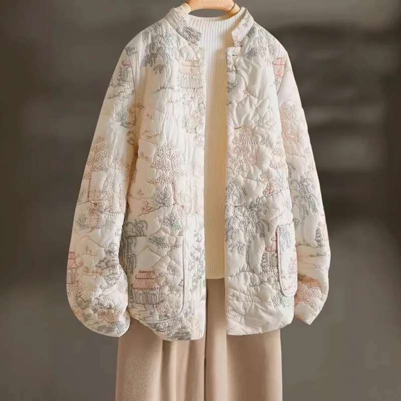 

New Coats and Jackets Winter Clothes Embroidery Jackets Warm Large Size Women's Single Breasted Stand Collar Long Sleeve Coat