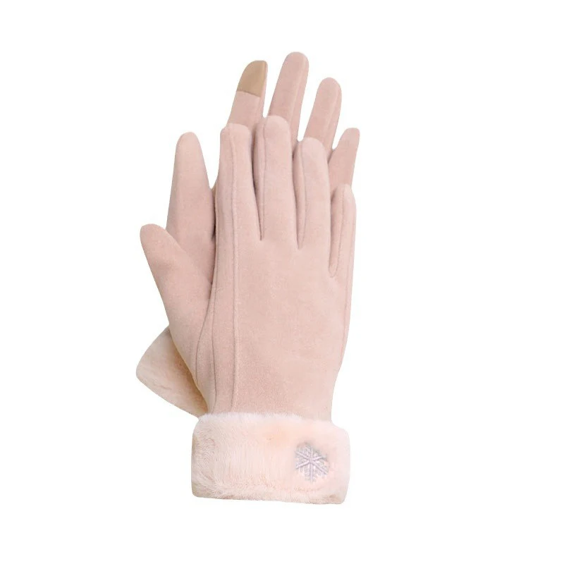 Autumn Winter Warm Suede Gloves Plus Velvet Thickened Plush Decor Cuff Gloves Outdoor Coldproof Touchscreen Riding Ski Gloves