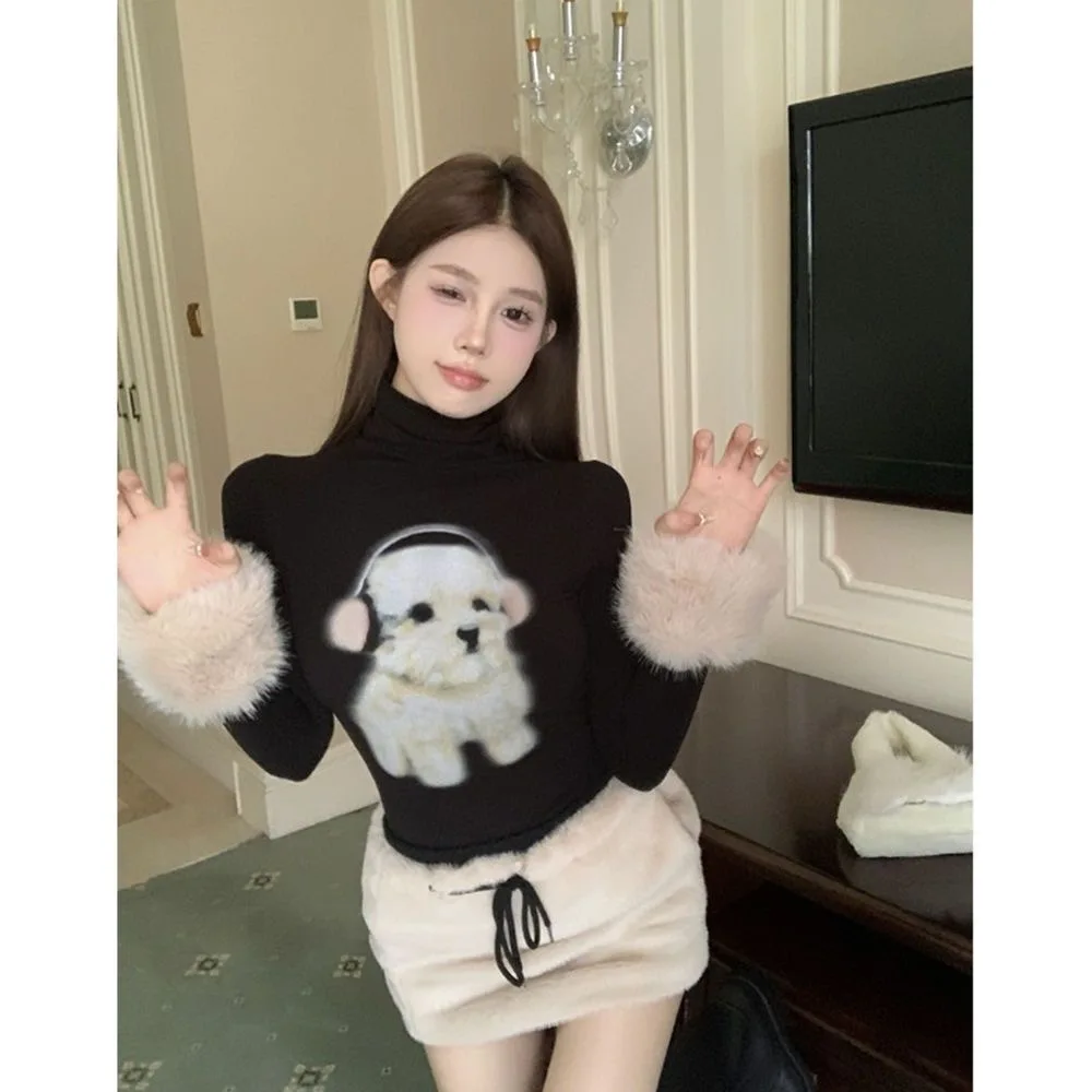 Kimotimo Hotsweet Puppy Print Detachable Fur Long Sleeved T-shirt Women Autumn Winter Turtleneck Slim Fit Bottom Y2k Crop Top