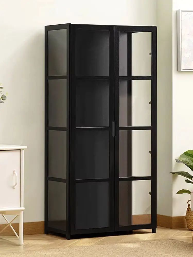 Schwarzer 4-stöckiger hoher Vitrinenschrank mit doppelten Milchglas-Türen, 62 cm lang, 3-seitig transparentes Aufbewahrungsregal, Montagefertige Vitrine für Spielzeug, Figuren und Sammlerstücke, für
