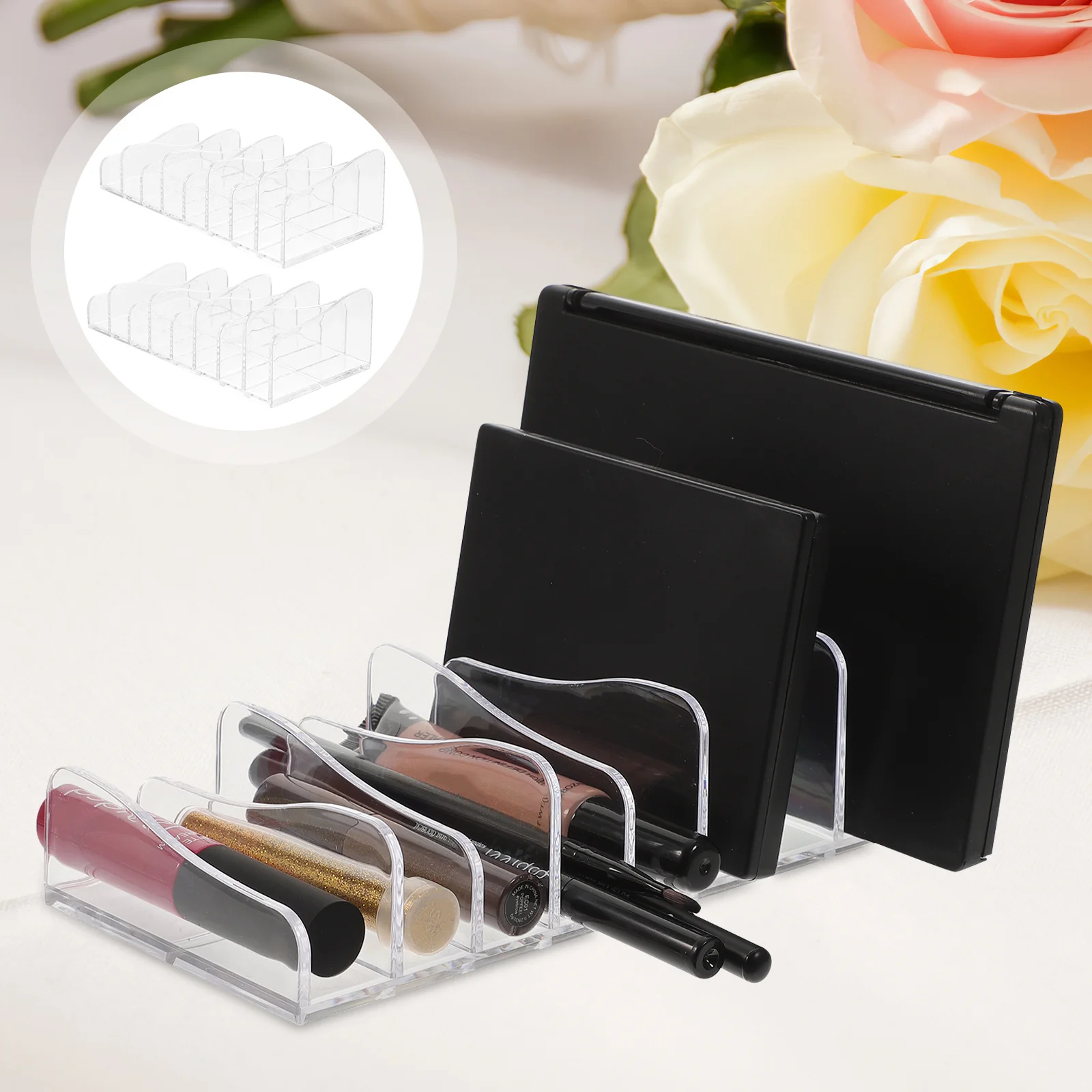 

2Pcs Cosmetics Organizer Multi-Functional 8-Section Divided Clear Makeup Palettes Holder Desktop Display Stand