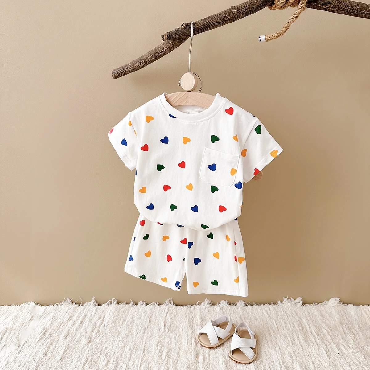 Toddler Summer Casual Baby Clothes Sets Love Full Print And Grid T-shirt Tops+Shorts Baby Boys Girls Clothes Fashion 2Pcs/Set