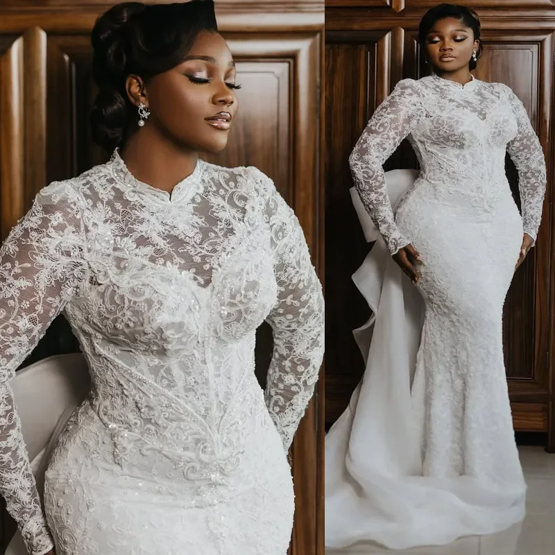 Customized High Neck Sparkly Appliques Beads Stunning Wedding Dress with Bow Vestido De Noiva  Long Sleeves Corset  Bridal Gowns
