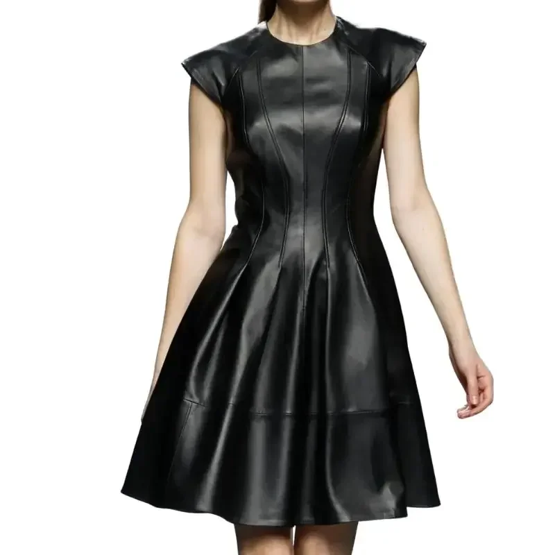 New Women Genuine Black Lambskin Leather Mini Dress Party Style Clubwear