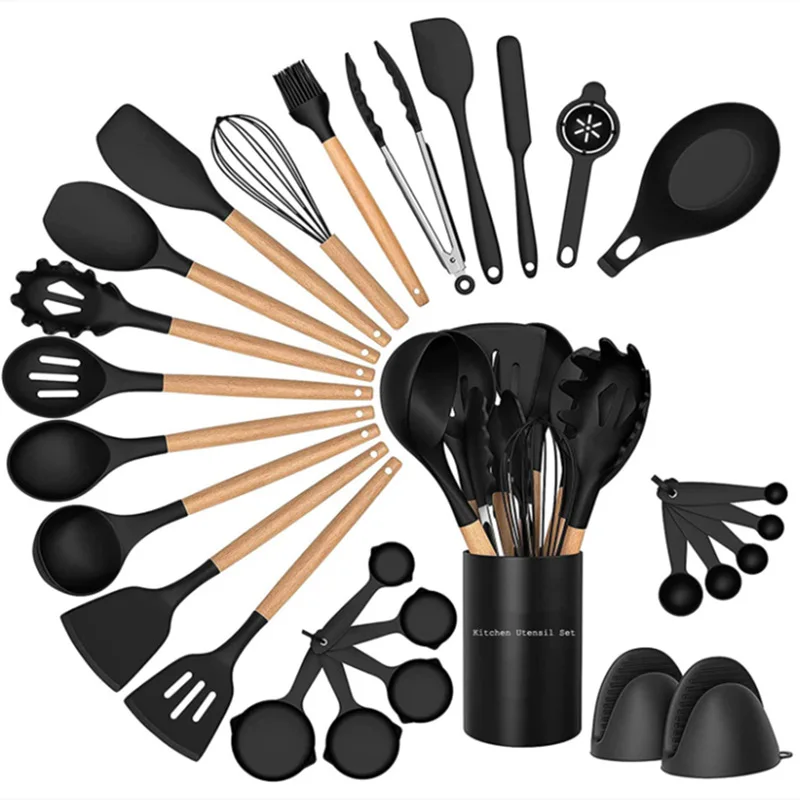 

Wooden Handle Silicone Cookware Silicone Cookware Set with Bracket, Non Stick Shovel Spoon Cooking Utensils 28 Pieces