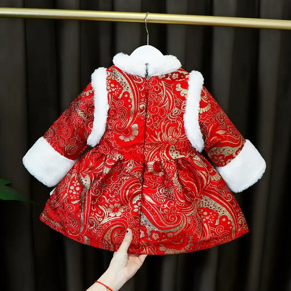 Traje Tang rojo de terciopelo para niña, ropa de bebé, traje tradicional chino, Año Nuevo, vestido de princesa Hanfu, Cheongsam para niños, Invierno