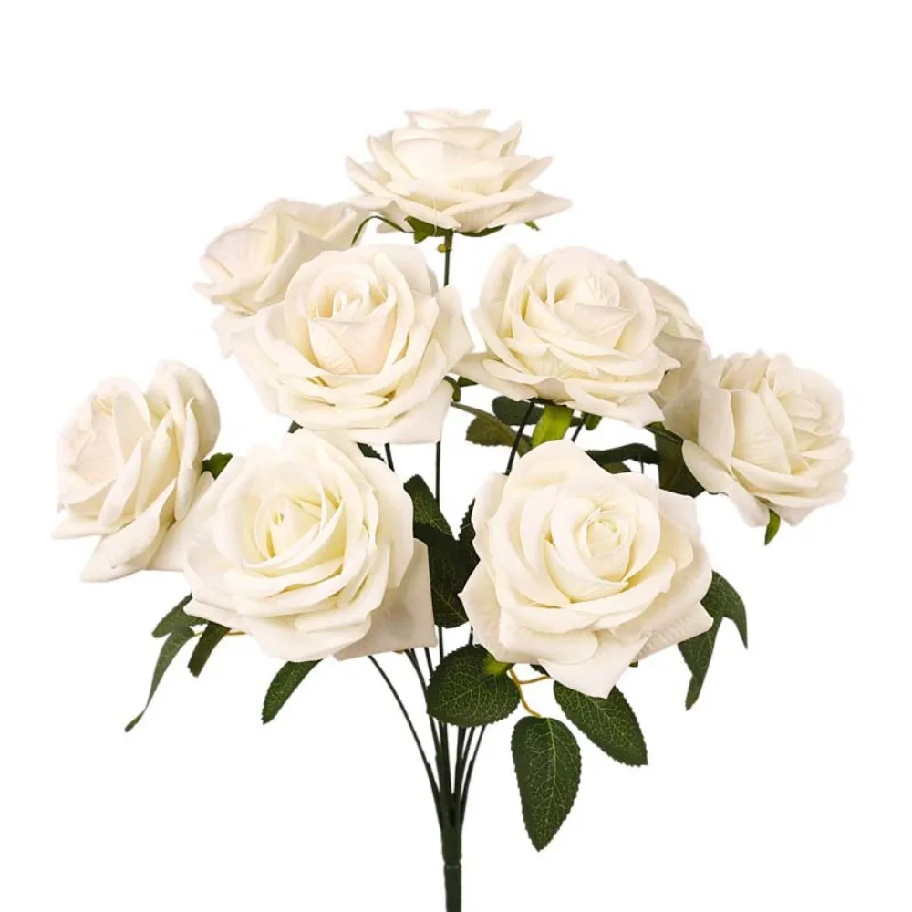 

9 Head Artificial Rose Flower Green Leaves Real Touch Simulation Rose Luxury Realistic Fake Flower Home Living Room Decor