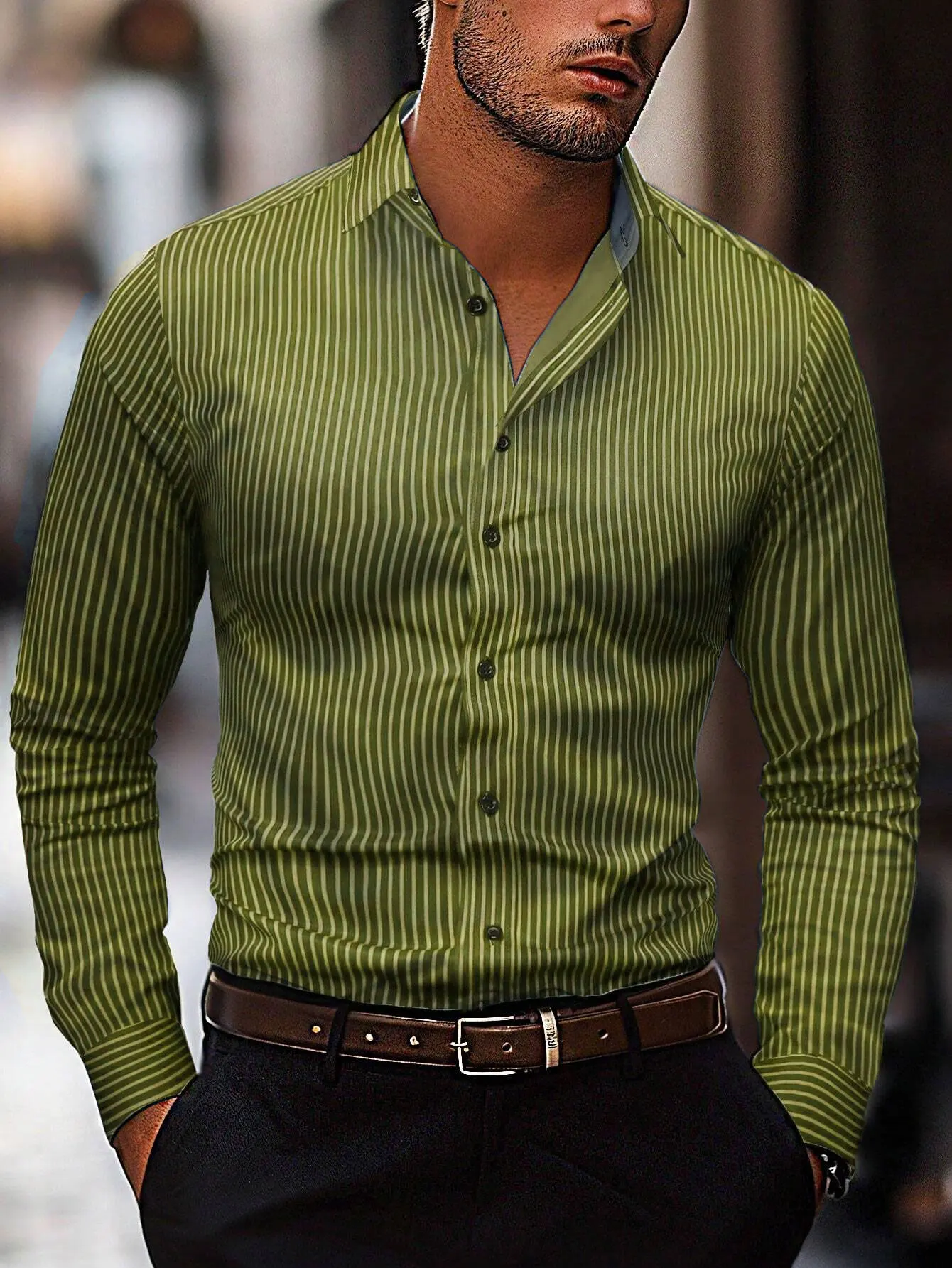 Men\'s fashion striped pattern shirt, casual breathable lapel button long -sleeved shirt comfortable and soft fabric shirt