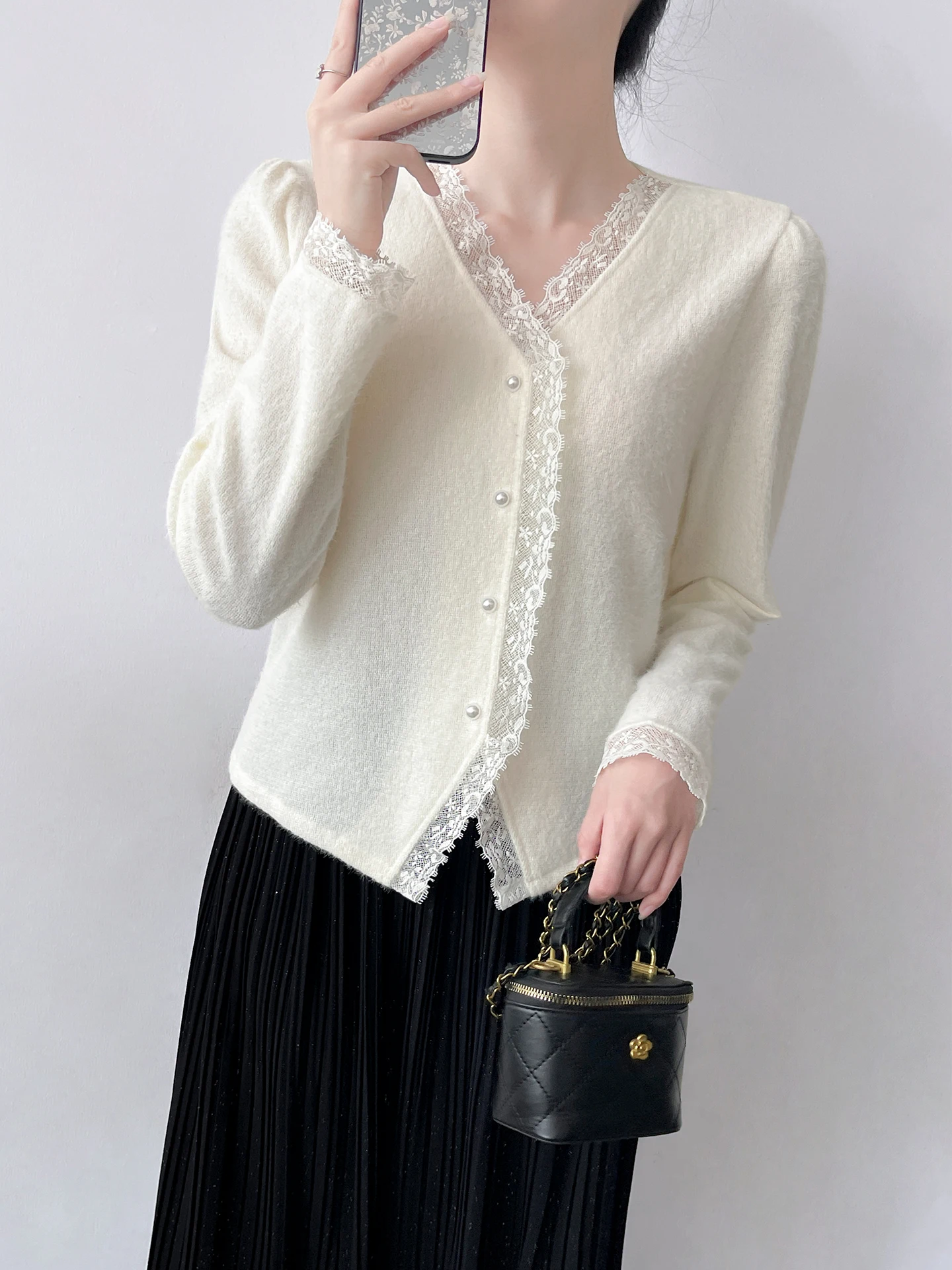 

Корейский модный женский вязаный кардиган с V-образным вырезом и кружевом, с длинными рукавами, весенний, универсальный, с разрезами