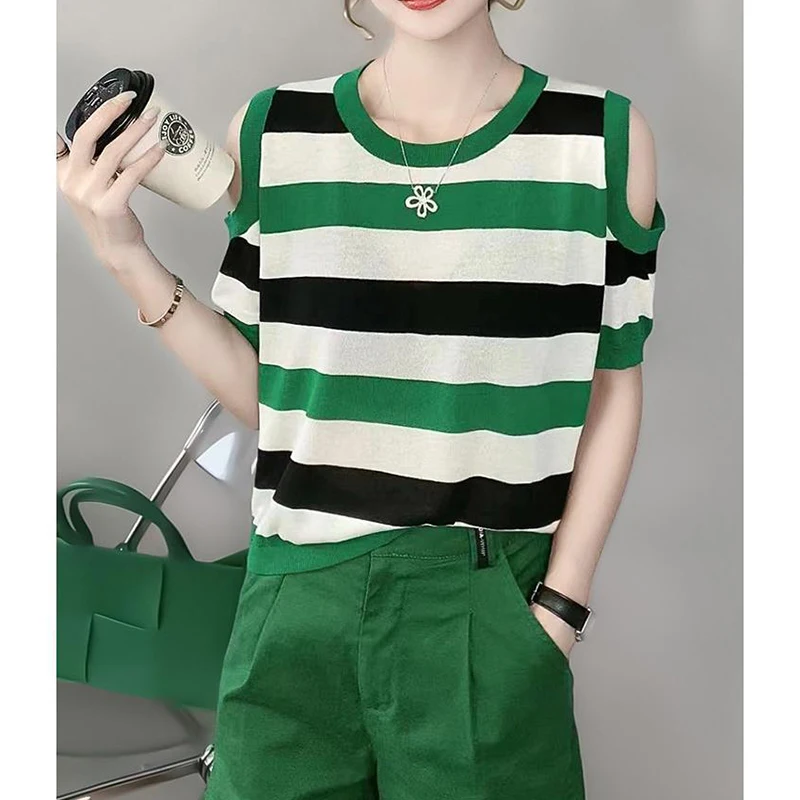 Summer New Off the Shoulder Hollow Out Striped Printed T-shirt Ladies Loose Casual All-match Pullover Tee Women Short Sleeve Top