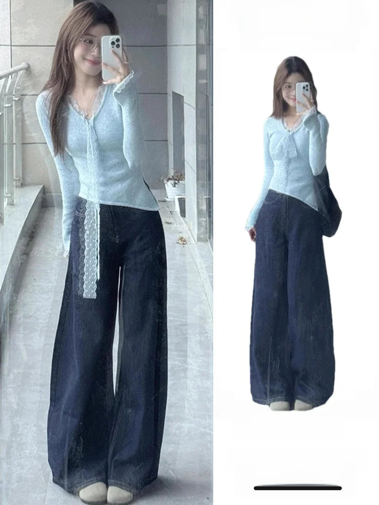 

Женский модный комплект для ранней осени: топ с длинным рукавом и асимметричным кружевом, джинсовые брюки с высокой талией, повседневный стиль, цвет бабочка.