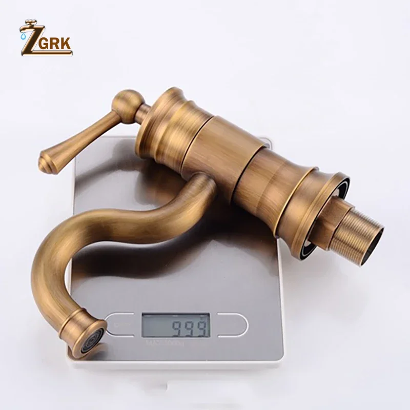 Imagem -02 - Zgrk-antique Brass Basin Faucets Torneira Single Handle Montagem do Deck Vintage Torneira de Água Quente e Fria Misturador de Banheiro