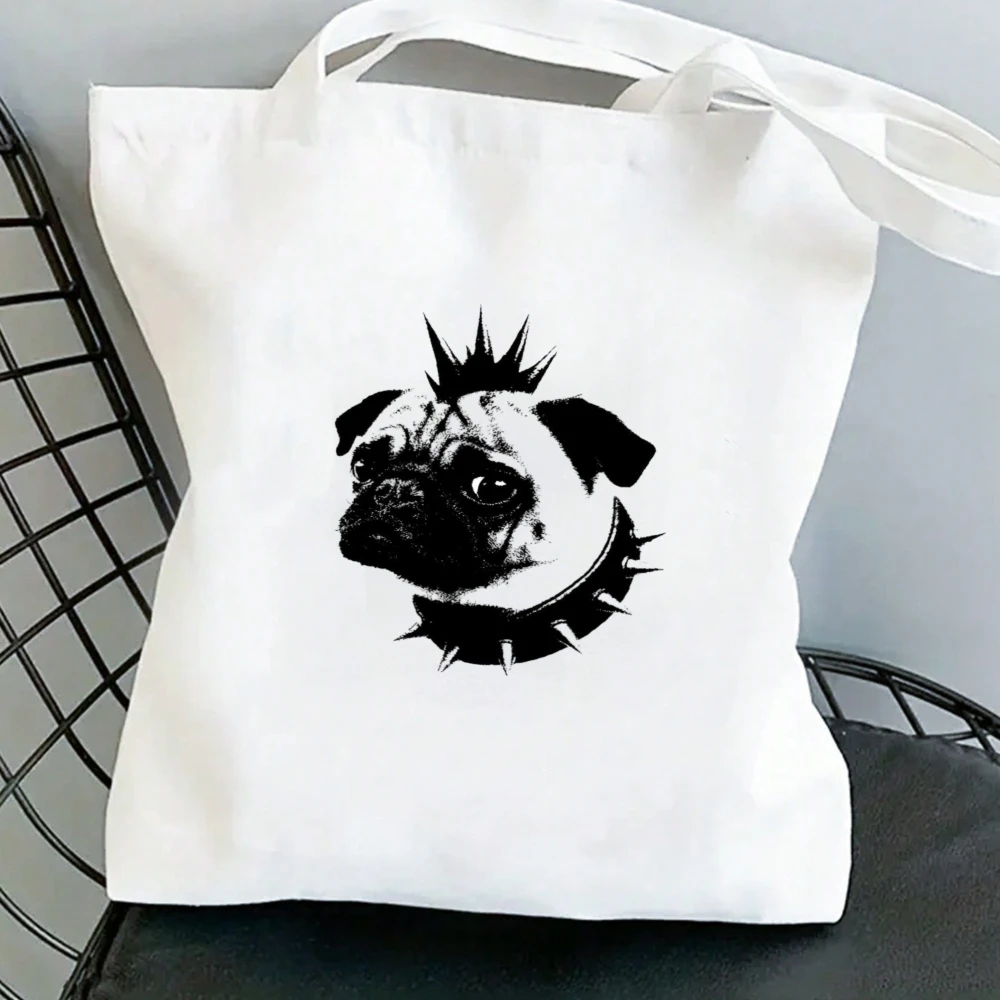 Punk Pug Print White Canvas Tote Bag, Women Shoulder Bag, Edgy Pet Handbag for Rock Lovers