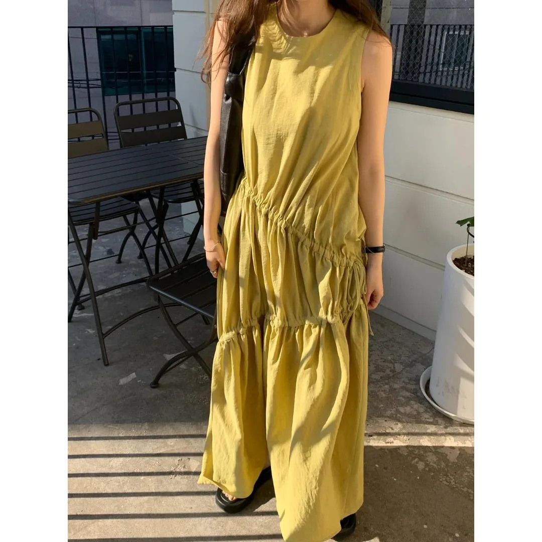 Fashionable Breathable Summer New Arrival Korean Style Women's Dress round Neck Sleeveless Drawstring Casual Cake Skirt
