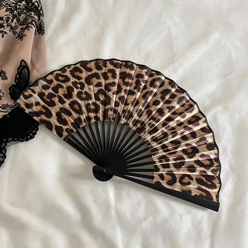 New European And American Style Leopard Print Folding Fan, Summer Black Bone Hanfu Qipao Dance Accessory, Portable Folding Fan