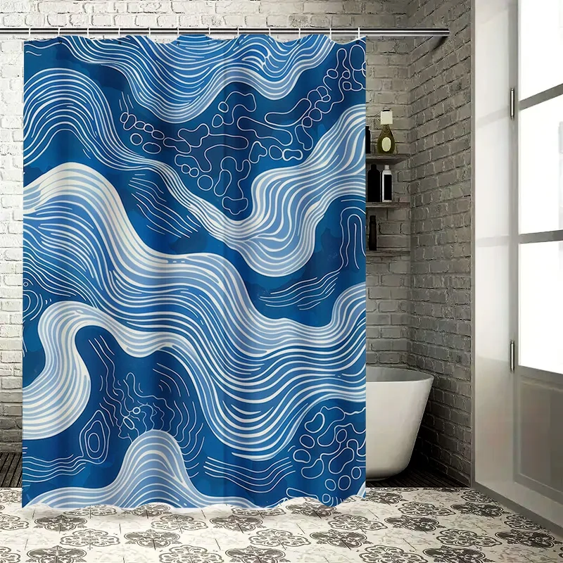 Duschvorhang Luxus-Duschvorhänge für Badezimmer Blau-Weißes Wellenmuster Moderner Wasserdichter Stoff Badvorleger