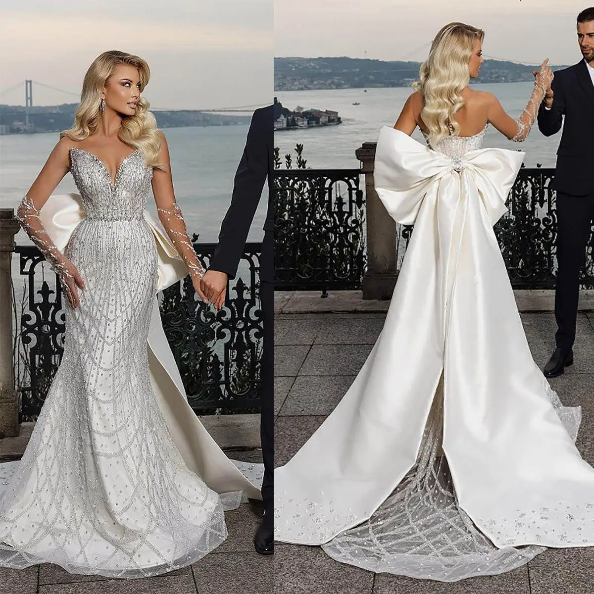 Maßgeschneidertes Meerjungfrau-Hochzeitskleid mit Perlen und Pailletten, O-Ausschnitt, Brautkleid mit Schleife, Falten, Raffungen und Schleppe aus Satin
