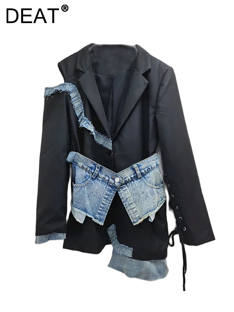 

DEAT Women's Blazer Notched Collar Hollow Out Waist Bandage Patchwork Denim Design Suit Jackets 2024 Autumn New Fashion 11A01153