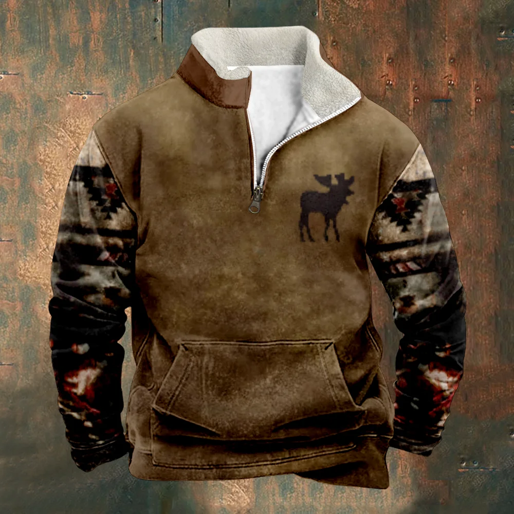 Patchwork Men's Sweatshirt Deer Print Vintage Color Long Sleeve Stand Collar Zipper Casual Pullovers