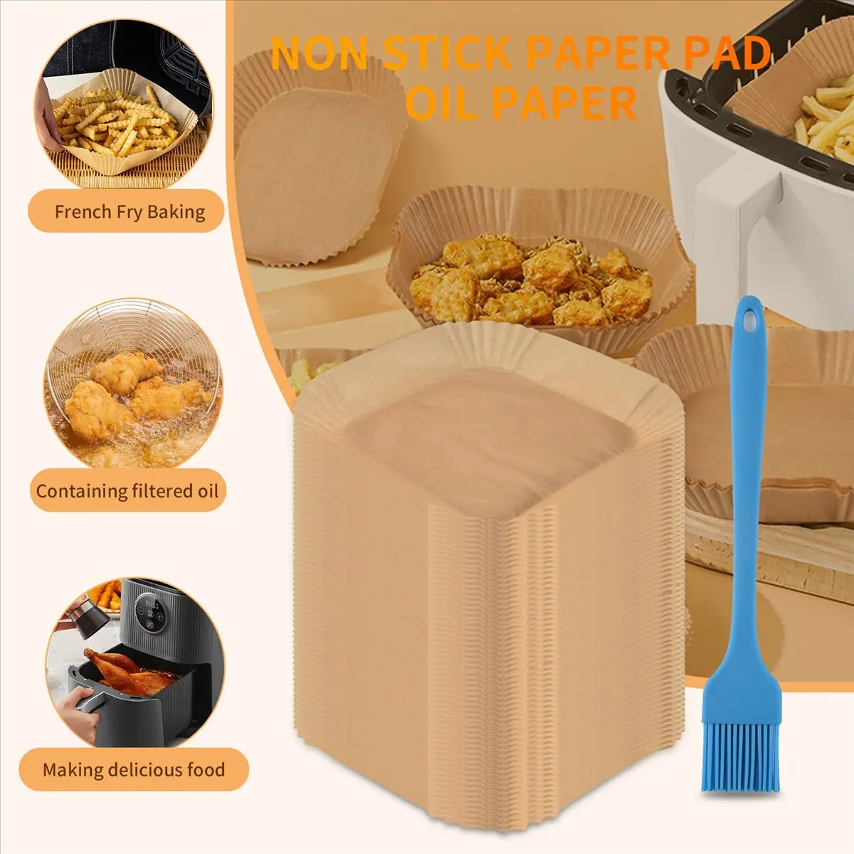 【ELEVATE LIFE】Baking Paper for Hot Air Fryer Square (20 cm), Pack of 100 Airfryer Baking Paper Disposable Non-Stick Paper Waterp