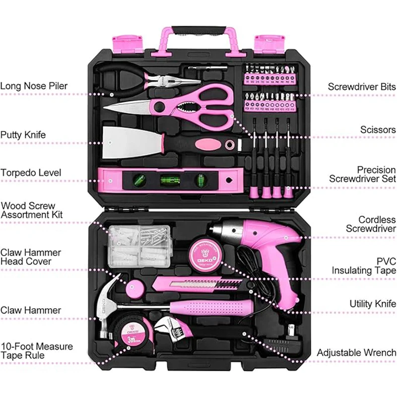 مجموعة أدوات DEKO DKMT98-GP باللون الوردي مكونة من 98 قطعة أداة يدوية منزلية عامة ومجموعة النجارة مع حقيبة تخزين صندوق الأدوات البلاستيكية