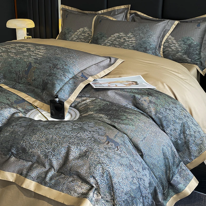 Luxury Digital Printing Cotton Bedding Set Duvet Cover Linen Fitted Sheet Pillowcases Home Textile