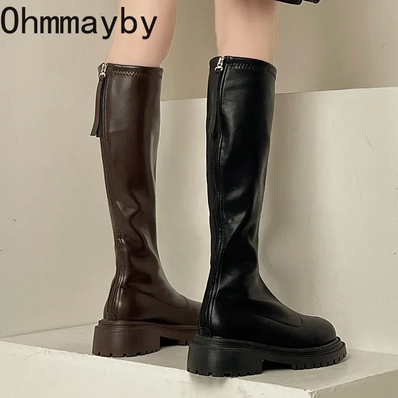 Thigh High Women Boots Fashion Soft Leather Knee High Boots 2024 Female Square Heel Autumn Winter Girl\'s Boots Shoes