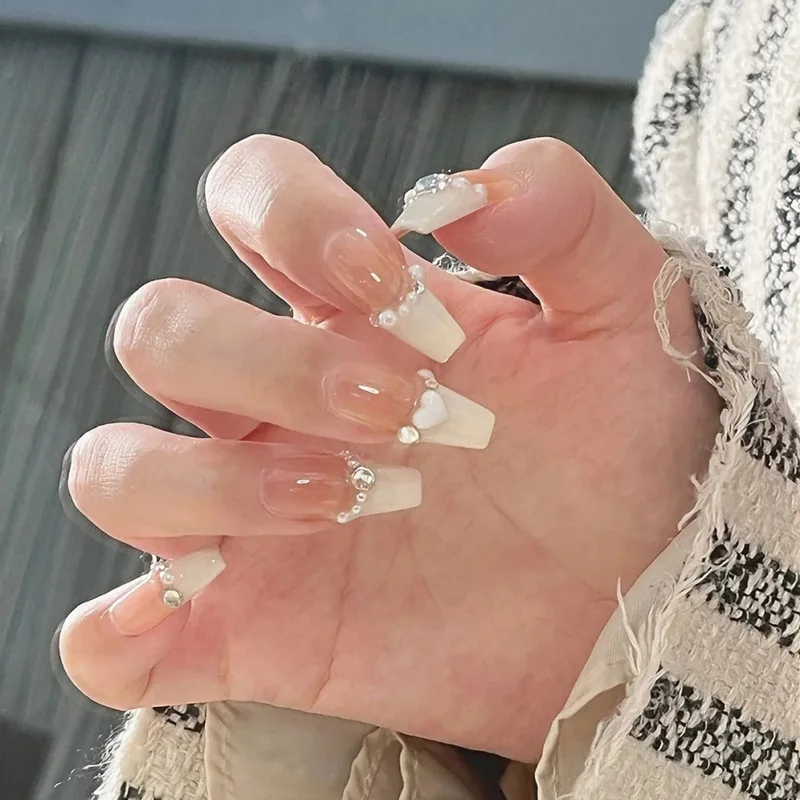 Dicas longo Ballet unhas com arco 3D, destacável, unhas falsas acabadas, Wearable, pressione sobre, design francês, 24pcs