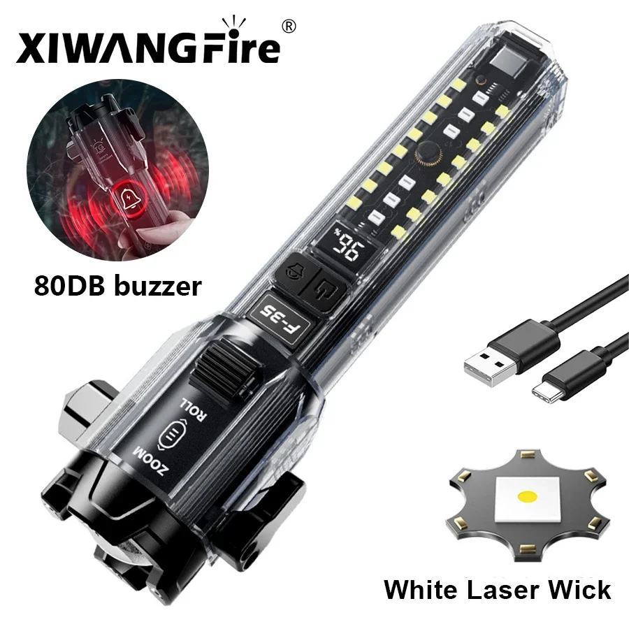 XIWANGFIRE-F35 LED懐中電灯,デュアル光源,スライドズーム,戦術懐中電灯,内蔵1800mAhバッテリー,充電式緊急懐中電灯