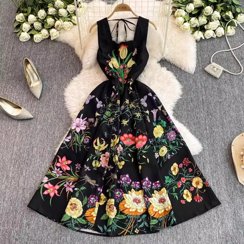 

Floral Printed Elegant Women Dress Sleeveless Square Collar Lace-up Clothing Lady Streetwear Vintage Elegant Vestidos Bodycon