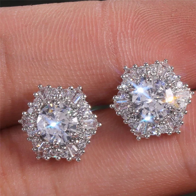 Huitan Sparking Luxury Cubic Zirconia Stud Earrings Female Hexagonal Shaped Brilliant Ear Accessories Exquisite Wedding Jewelry