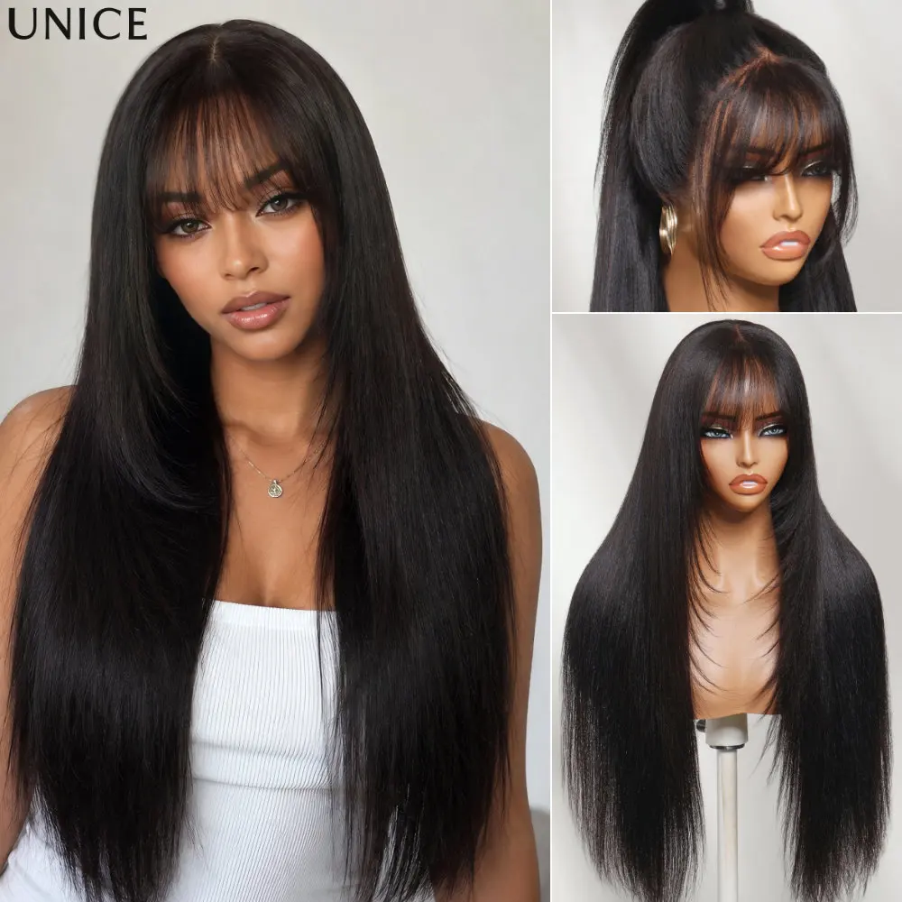 

UNice No Slip 7x5 Lace Layered Cut Yaki Straight Human Hair Wig With Wispy Bangs Put On & Go Glueless Wig